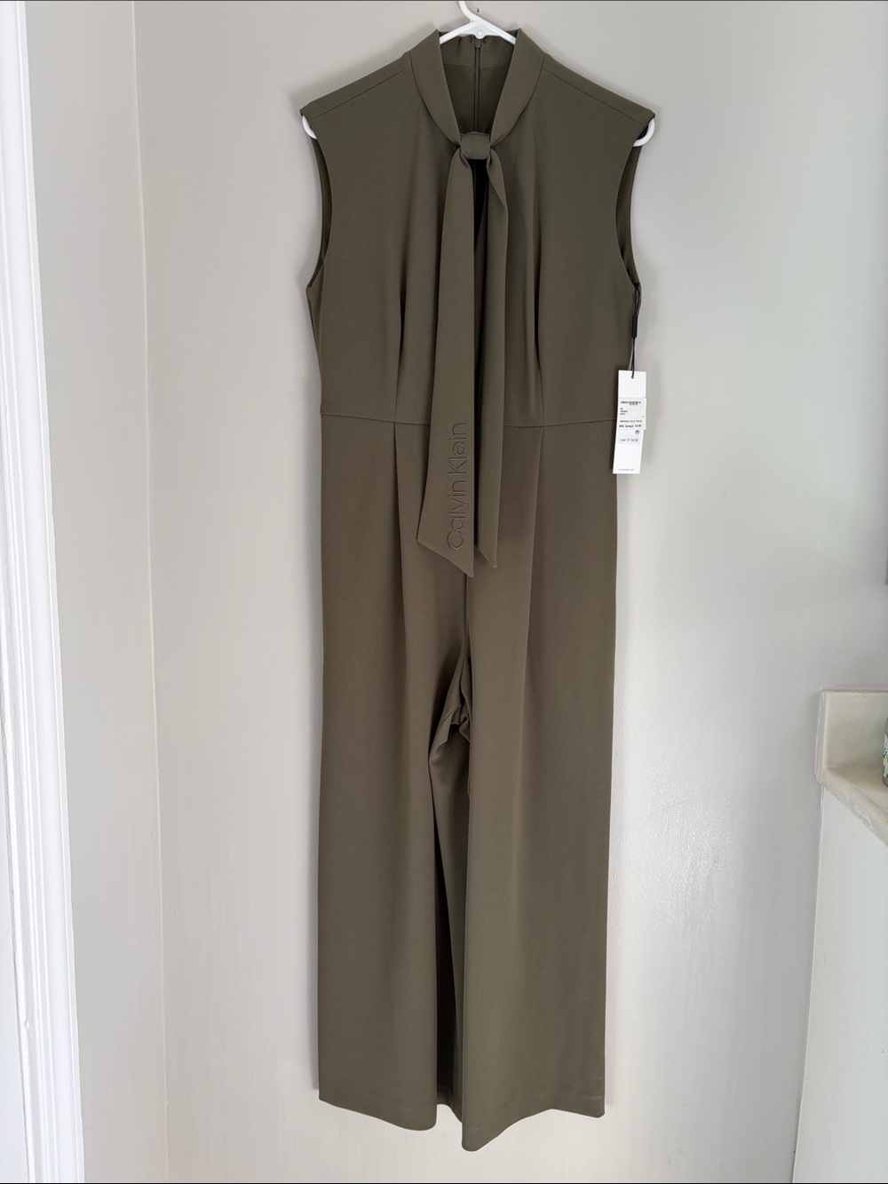 Calvin Klein Olive-Tone Sleeveless Tie-Neck Wide-Leg Jumpsuit